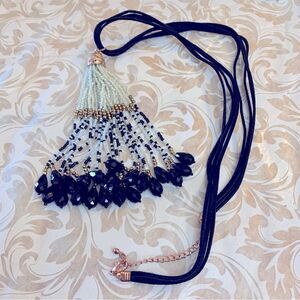 Seed Bead Tassel Necklace on 4 Black Strand Cord 30” Gorgeous